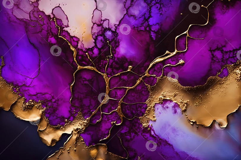 Скачать Абстрактное искусство мраморными чернилами на фиолетовом и золотом фоне. Созданный искусственным интеллектом
 фотосток Ozero