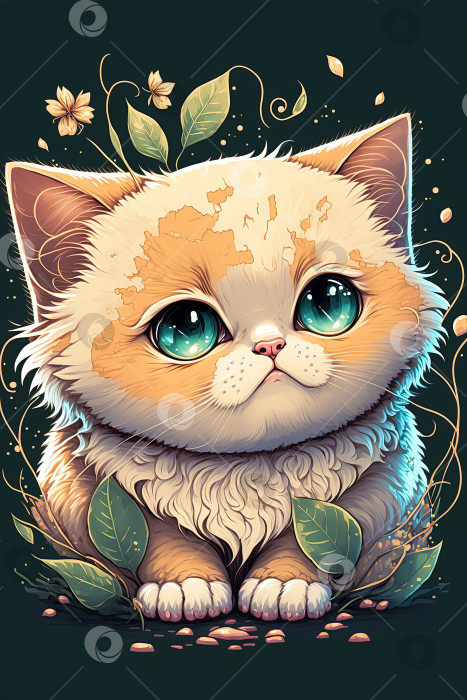 Скачать Симпатичная кошка с листьями, 2D иллюстрация, значок мультяшного котенка фотосток Ozero