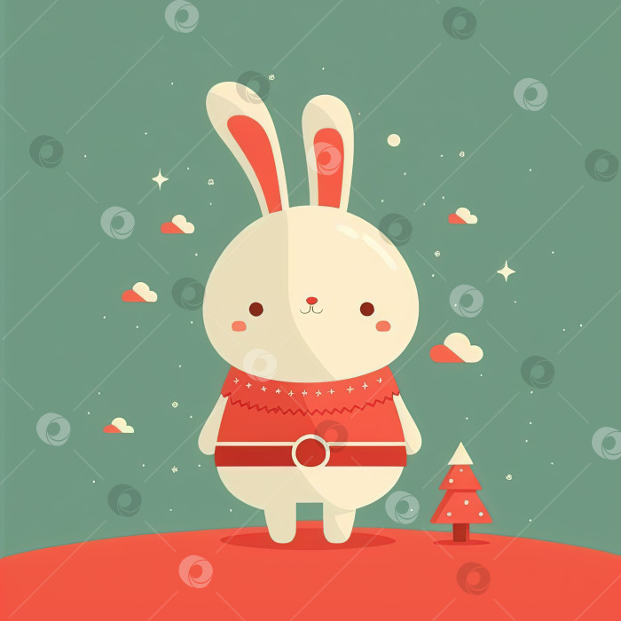 Скачать Рождественская 2D иллюстрация Kawaii bunny, новогодний мультяшный кролик  фотосток Ozero