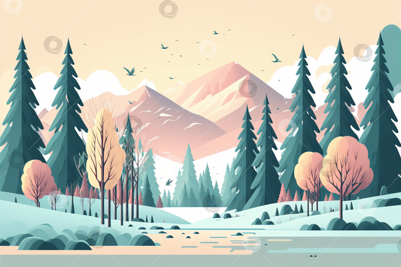 Скачать Иллюстрация зимнего пейзажа, плоский стиль фотосток Ozero