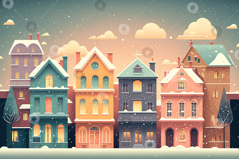 Скачать Композиция рождественских домиков, вид с улицы. Иллюстрация плоского стиля фотосток Ozero