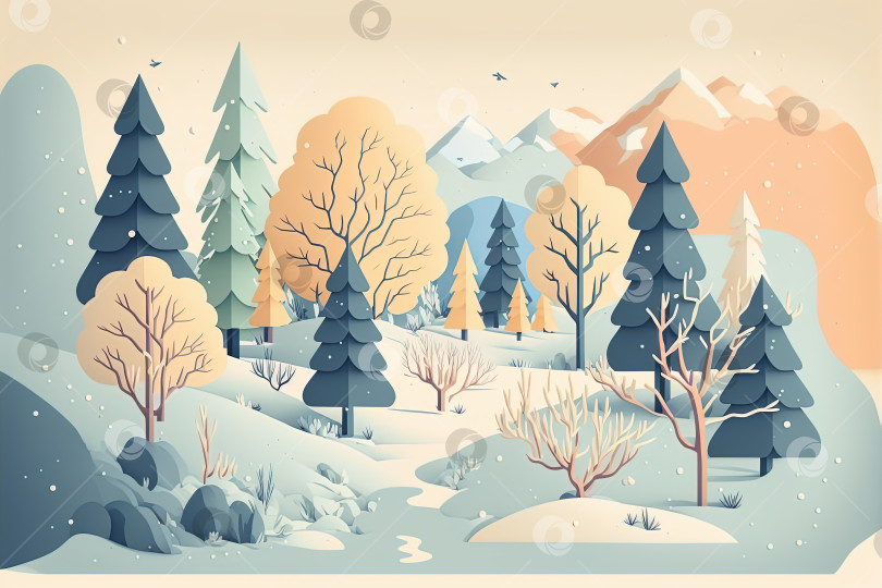 Скачать Иллюстрация зимнего пейзажа в плоском стиле. Лес, горы фотосток Ozero