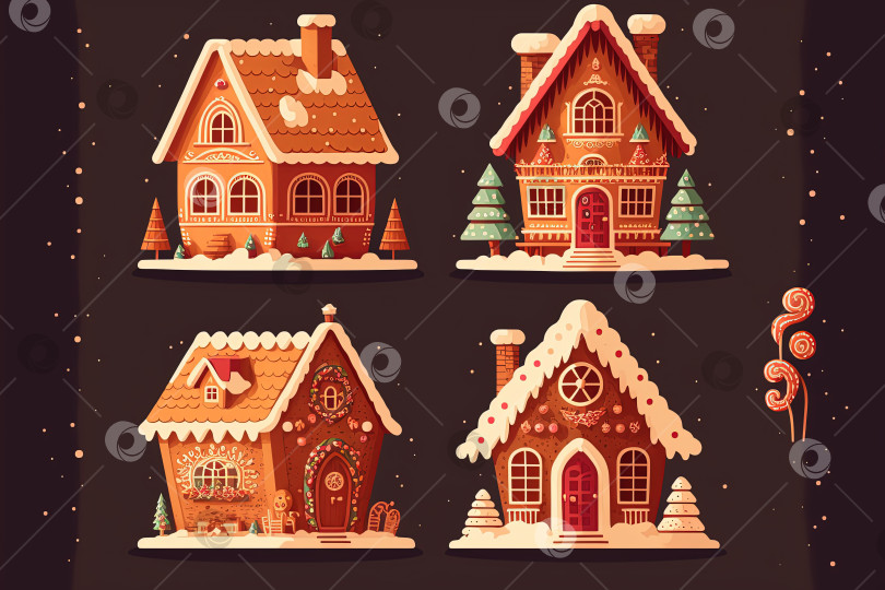 Скачать Коллекция пряничных домиков. Рождественская иллюстрация, плоский стиль фотосток Ozero