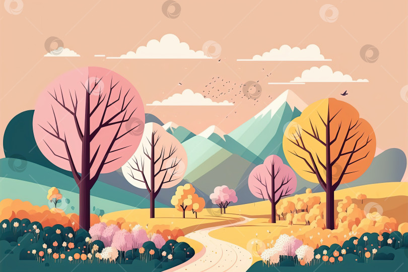 Скачать Иллюстрация весеннего пейзажа в плоском стиле. Деревья, горы, цветы фотосток Ozero
