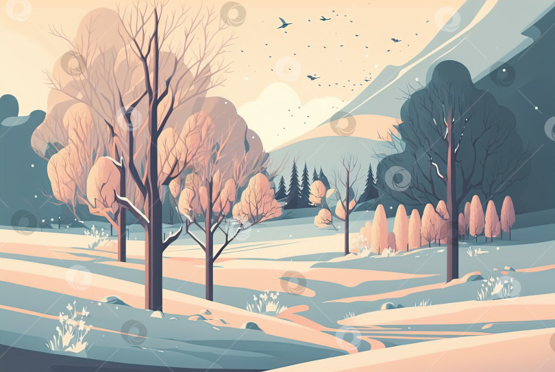 Скачать Иллюстрация зимнего пейзажа в 2d, плоский стиль. Лес, горы фотосток Ozero