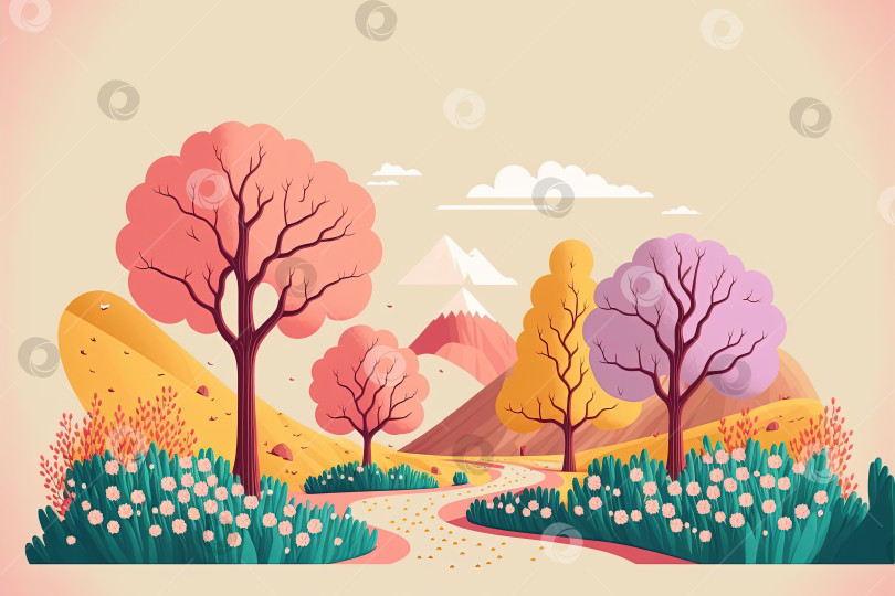 Скачать Иллюстрация весеннего пейзажа, фон в плоском стиле фотосток Ozero