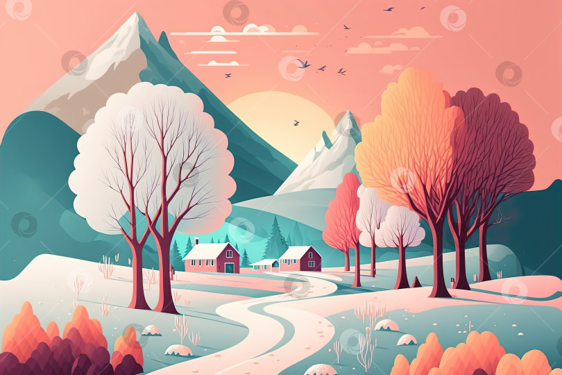 Скачать Зимний пейзаж с иллюстрацией домов, плоский стиль фотосток Ozero