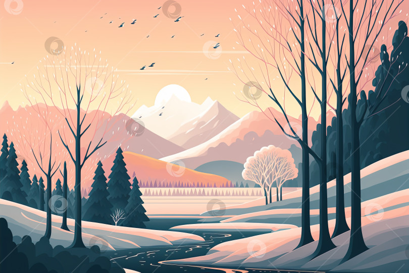 Скачать Иллюстрация пейзажа зимнего заката, плоский стиль фотосток Ozero