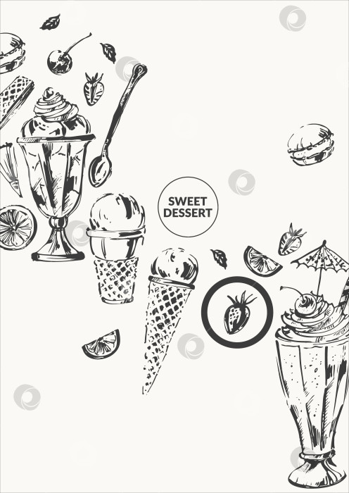 Скачать и нарисованный тушью эскиз сладкого десерта на фоне мороженого, со фотосток Ozero