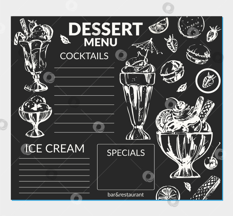 Скачать Нарисованный от руки меловой эскиз сладкого десерта на фоне мороженого, коктейля, молочного коктейля, ягоды фотосток Ozero