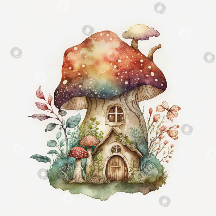 Скачать Акварельная симпатичная иллюстрация причудливого грибного домика на белом фоне. Созданный искусственным интеллектом   фотосток Ozero