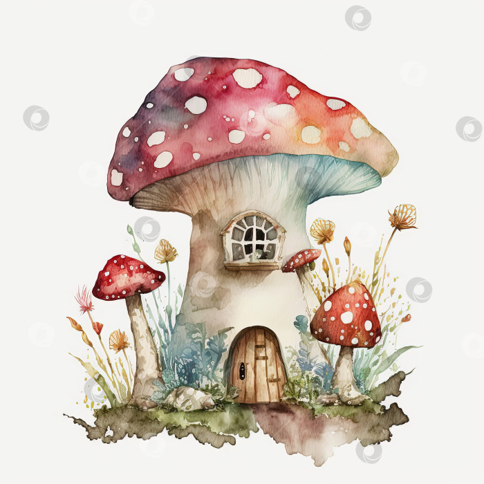 Скачать Акварельная фантазийная иллюстрация грибного домика на белом фоне. Созданный искусственным интеллектом  фотосток Ozero