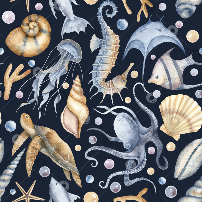 Скачать Подводный бесшовный узор с подводными рыбками на темно-сине-черном фоне. Нарисованная от руки иллюстрация для текстильного дизайна или оберточной бумаги в морском стиле. Обои с черепахой и морским коньком фотосток Ozero