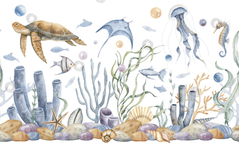 Скачать Подводный бесшовный баннер с морскими животными и рыбами на изолированном фоне. Нарисованная от руки акварельная иллюстрация с изображением тропической морской флоры. Подводный узор с морским дном, кораллами, рифами и морскими водорослями фотосток Ozero