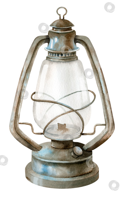 Скачать Старинный фонарь. Нарисованная от руки акварельная иллюстрация старой керосиновой лампы на изолированном белом фоне. Ретро-металлическое снаряжение для путешествий и приключений. Старинный ржавый стеклянный элемент для значка или логотипа фотосток Ozero