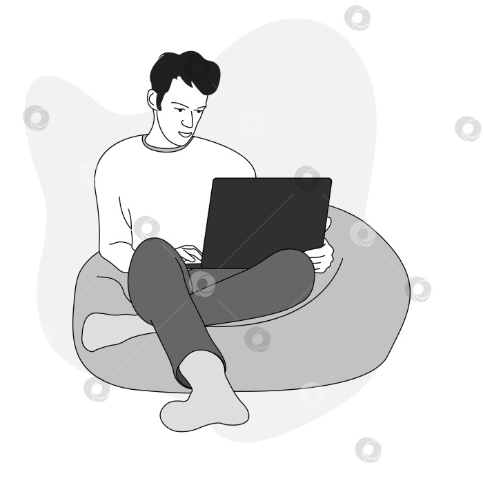 Скачать Мужчина сидит  с ноутбуком на коленях в магком кресле. Иллюстрация в плоском стиле. фотосток Ozero