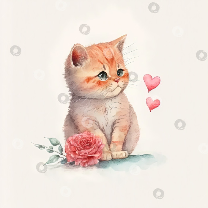 Скачать Акварельная милая кошка, роза и сердечки, иллюстрация ко дню Святого Валентина на белом фоне. Созданный искусственным интеллектом фотосток Ozero