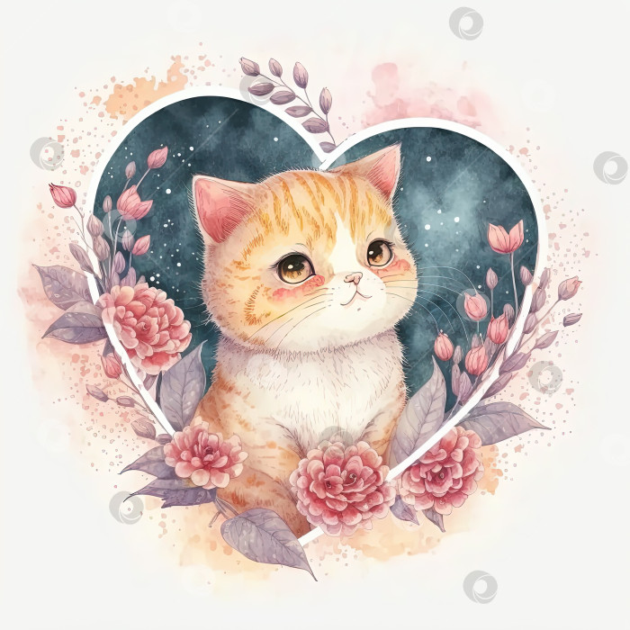 Скачать Акварельная милая кошка, цветы, сердце, иллюстрация ко дню Святого Валентина на белом фоне. Созданный искусственным интеллектом фотосток Ozero