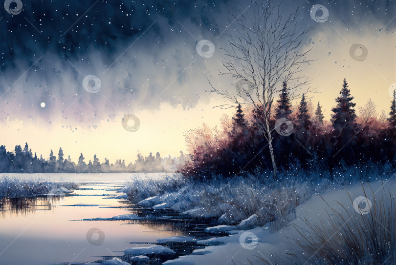 Скачать Акварельная картина с зимним пейзажем. Лес звездной ночью фотосток Ozero