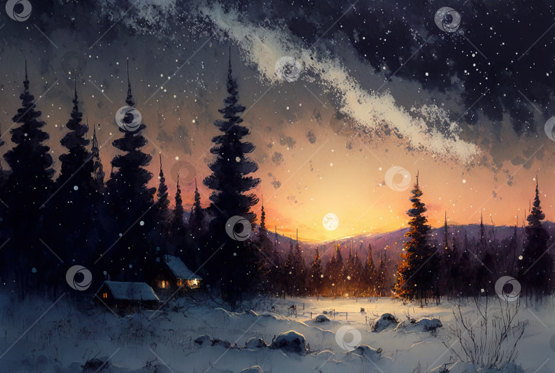 Скачать Акварельная картина с зимним пейзажем. Лес звездной ночью фотосток Ozero