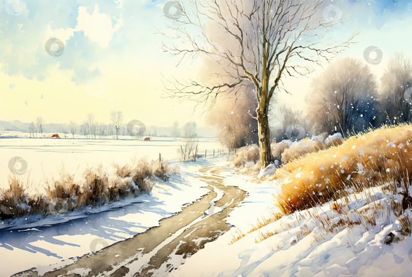 Скачать Акварельная картина с зимним пейзажем. Солнечный день фотосток Ozero