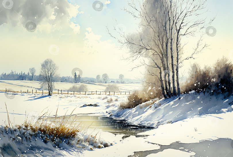 Скачать Акварельная картина с зимним пейзажем. Солнечный день, деревья, озеро фотосток Ozero