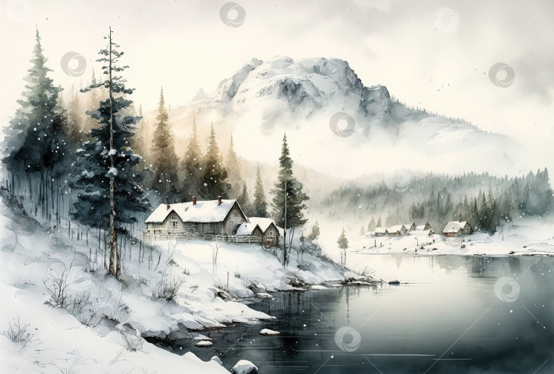 Скачать Акварельная картина с зимним пейзажем. Деревья, озеро и горы фотосток Ozero