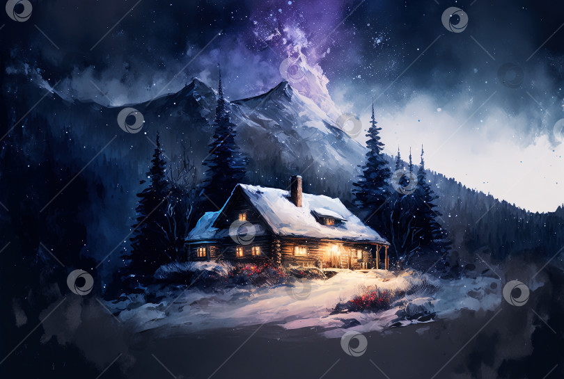 Скачать Акварельная картина с зимним пейзажем. Лес, дом и гора фотосток Ozero