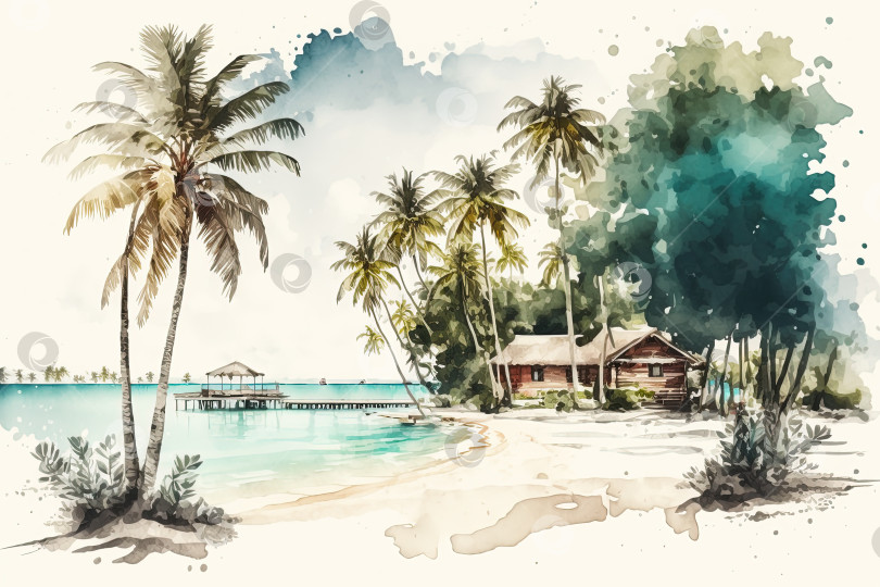 Скачать Акварельная картина с тропическим морским пейзажем. Иллюстрация пляжа на Мальдивах. Созданный искусственным интеллектом фотосток Ozero