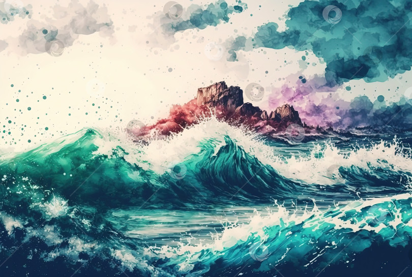 Скачать Акварельная картина с морским пейзажем. Облака, волны, шторм фотосток Ozero