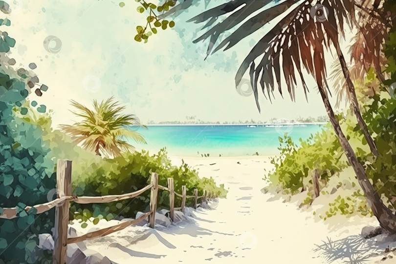 Скачать Акварельная картина с тропическим морским пейзажем. Иллюстрация пляжа на Мальдивах. Созданный искусственным интеллектом фотосток Ozero