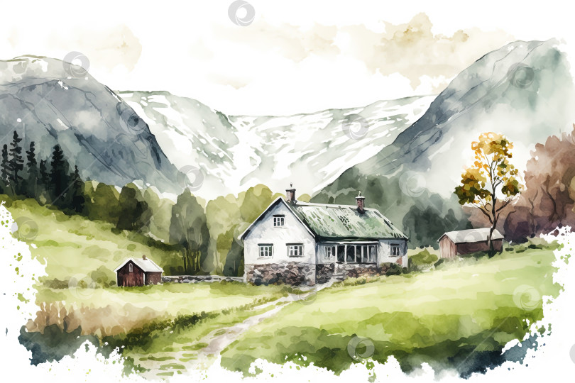 Скачать Акварельная иллюстрация летнего пейзажа Норвегии. Горы, деревья и дом. Созданный искусственным интеллектом фотосток Ozero