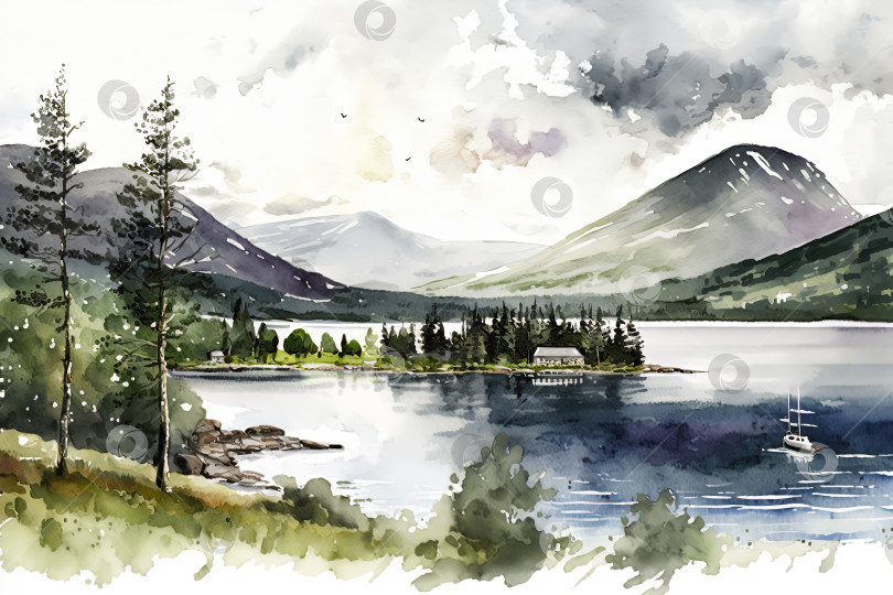 Скачать Акварельная иллюстрация летнего пейзажа Норвегии. Горы, озеро и дом. Созданный искусственным интеллектом
 фотосток Ozero