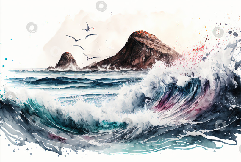 Скачать Акварельная картина с морским пейзажем. Морской пейзаж с горами фотосток Ozero
