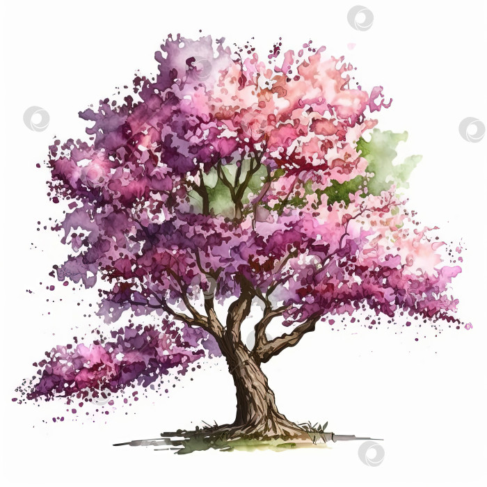 Скачать Акварельная иллюстрация весеннего вишневого дерева на белом фоне. Созданный искусственным интеллектом фотосток Ozero