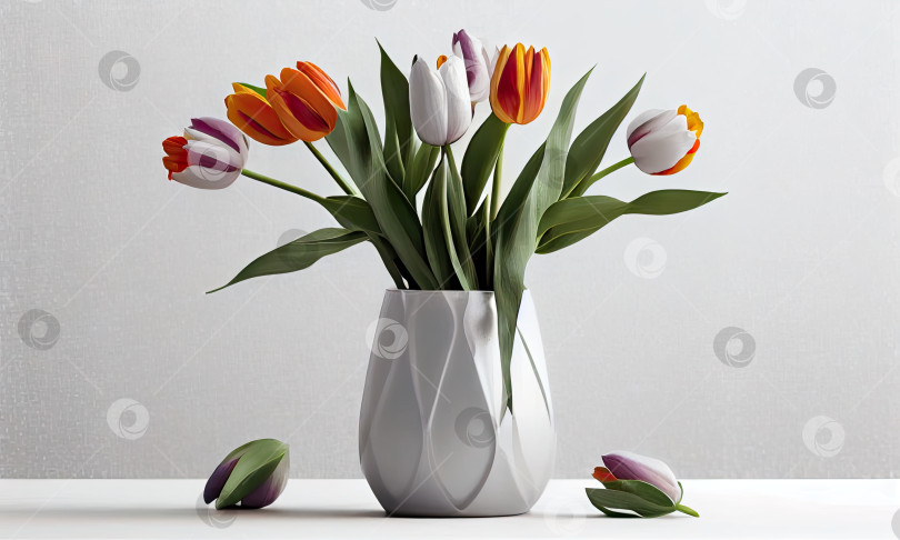 Скачать Букет тюльпанов на столе, светлый интерьер, весеннее настроение, генеративный искусственный интеллект фотосток Ozero
