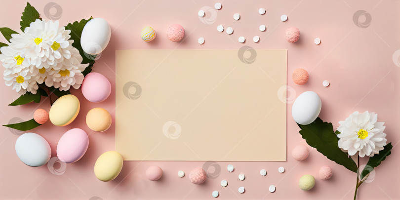 Скачать Поздравительная открытка на пастельно-розовом фоне с пасхальными яйцами, плоский лист макетной бумаги, генеративный искусственный интеллект фотосток Ozero