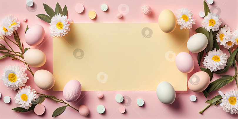 Скачать Поздравительная открытка на пастельно-розовом фоне с пасхальными яйцами, плоский лист макетной бумаги, генеративный искусственный интеллект фотосток Ozero