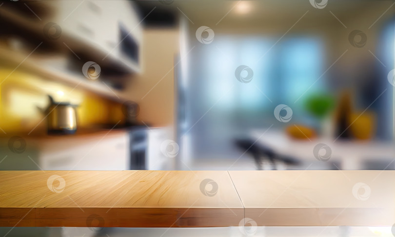 Скачать Размытое рабочее место на кухне с пустой деревянной столешницей перед генеративным искусственным интеллектом фотосток Ozero