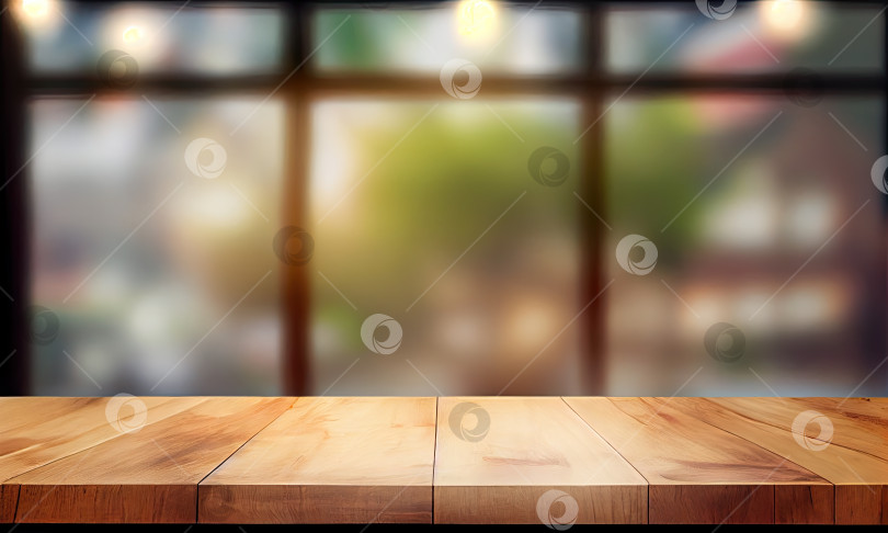 Скачать Деревянная столешница на размытом фоне кухонного окна, генеративный искусственный интеллект фотосток Ozero