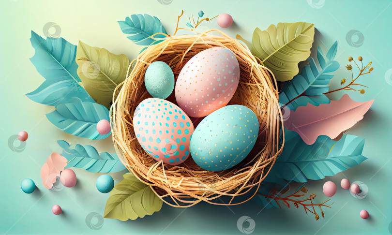 Скачать Пасхальная открытка с пасхальными яйцами в гнезде на светло-голубом фоне, генеративный искусственный интеллект фотосток Ozero
