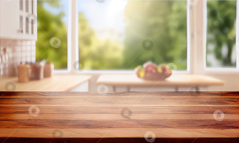 Скачать Деревянная столешница на размытом фоне кухонного окна, генеративный искусственный интеллект фотосток Ozero