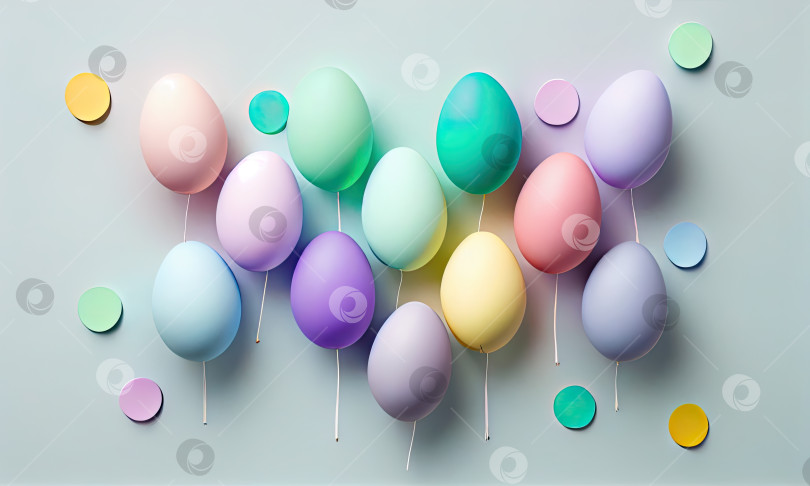 Скачать Разноцветные воздушные шары с пасхальными яйцами на светло-белом фоне, генеративный искусственный интеллект фотосток Ozero