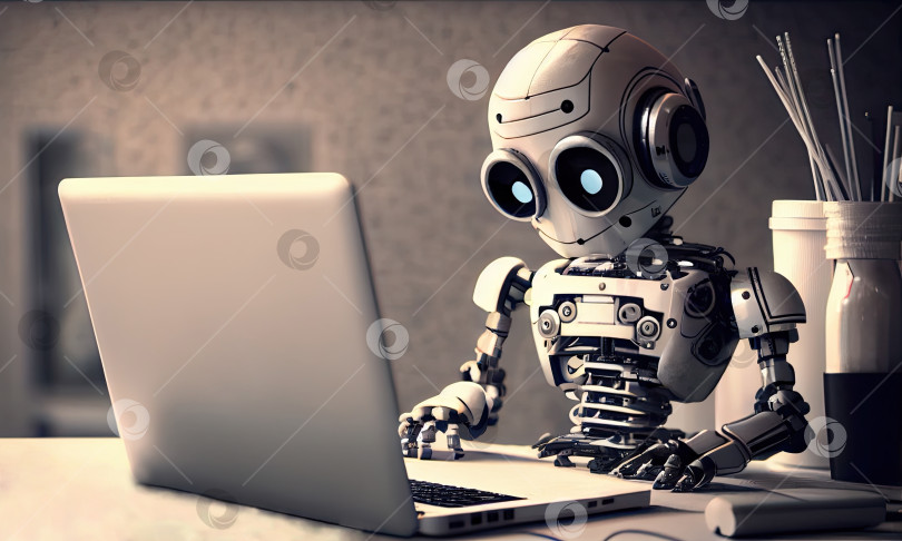 Скачать Очаровательный человекоподобный робот, работающий на ноутбуке, генеративный искусственный интеллект фотосток Ozero