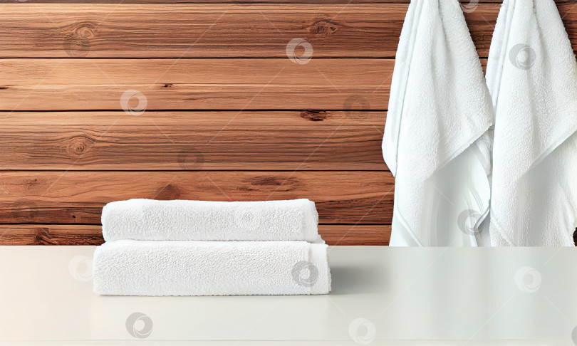 Скачать Белые чистые полотенца на деревянном столе в ванной комнате, генеративный искусственный интеллект фотосток Ozero