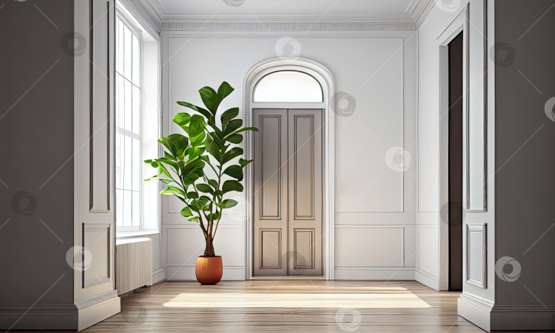 Скачать Комнатное растение на деревянном полу на фоне белой стены в большой комнате, генеративный искусственный интеллект фотосток Ozero