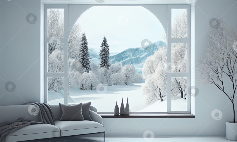 Скачать Белая стильная пустая комната с зимним пейзажем за окном, скандинавский дизайн интерьера, генеративный искусственный интеллект фотосток Ozero