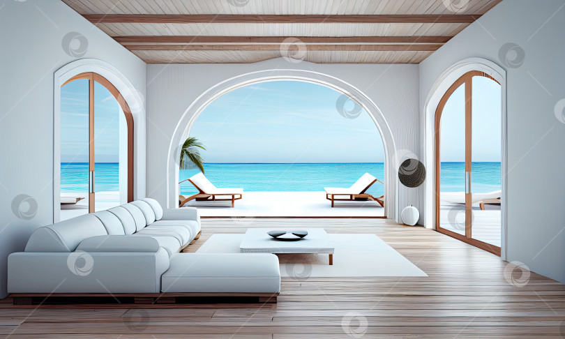 Скачать Пустая большая гостиная с видом на море в роскошном летнем пляжном домике, генеративный искусственный интеллект фотосток Ozero