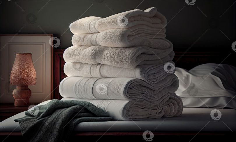Скачать Стопка чистых полотенец на кровати, генеративный ИИ фотосток Ozero