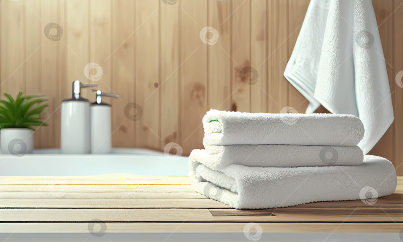 Скачать Белые чистые полотенца на деревянном столе в ванной комнате, генеративный искусственный интеллект фотосток Ozero